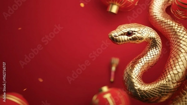 Fototapeta Chinese New Year poster featuring a golden snake and red decorations