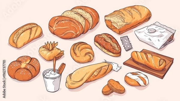 Fototapeta Trendy design for bakery or cafe. Illustration of sweet bread, baguette and other pastries for packaging, label or sign. Food line art illustration for banner, flyer or menu.
