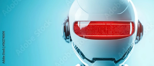 Fototapeta close up of futuristic robot with sleek design and glowing red eyes, showcasing advanced technology and innovation