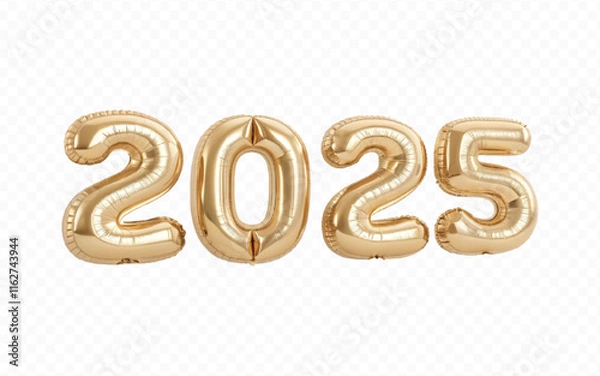 Fototapeta abstract 3d 2025 text  made with different golden colour hellium balloons isolated on white background