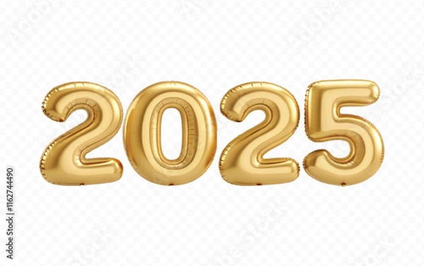 Obraz abstract 3d 2025 text  made with different golden colour hellium balloons isolated on white background