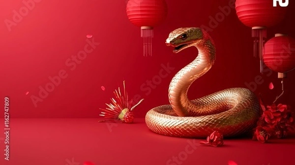 Fototapeta Golden snake with red background for the Year of the Snake