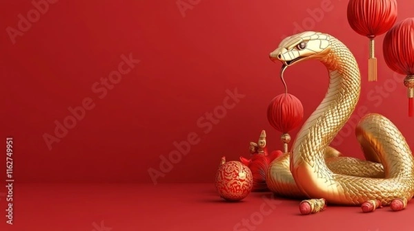 Fototapeta Golden snake with red lanterns for Chinese New Year celebration