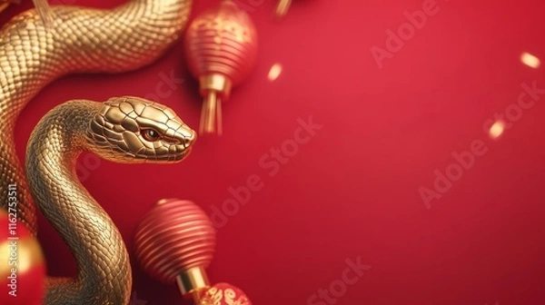 Fototapeta Poster design featuring a golden snake and red background for Chinese New Year