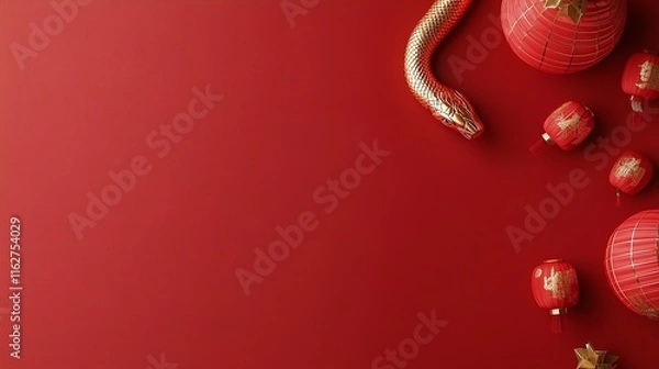 Fototapeta Red background with a luxurious golden snake for Chinese New Year themes