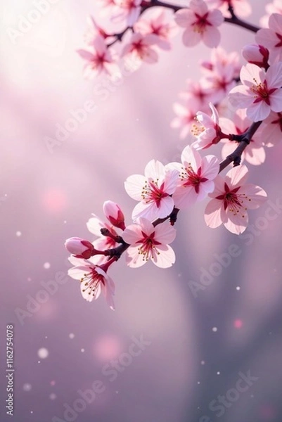 Obraz Branch of cherry blossoms sways gently in the breeze amidst a soft pink and white hue of spring fog, gentle, tree