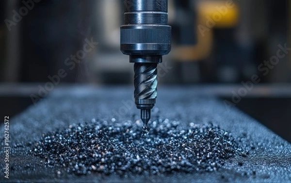 Fototapeta Precision engineering: A close-up view of a drill bit meticulously boring through metal, creating a pile of fine shavings. The intricate details of the process are mesmerizing.