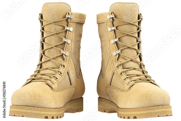 Fototapeta Military boots suede, front view. 3D graphic