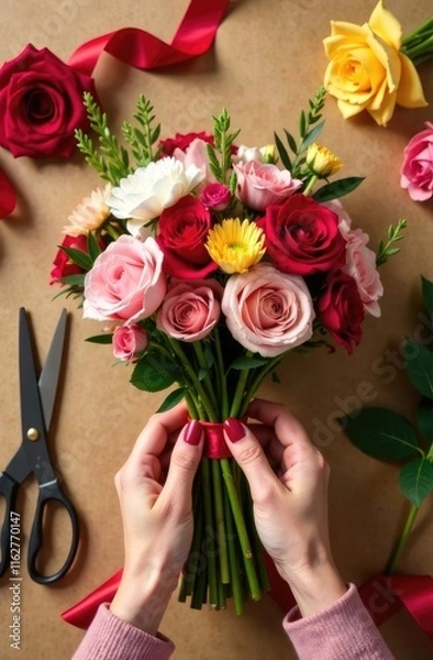 Fototapeta Top view florist collects bouquet of flowers with red ribbon. Flower delivery concept.