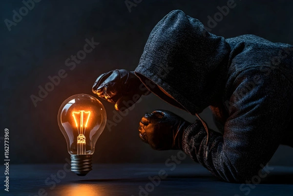 Obraz Light bulb being taken by a thief, representing stolen ideas or intellectual theft
