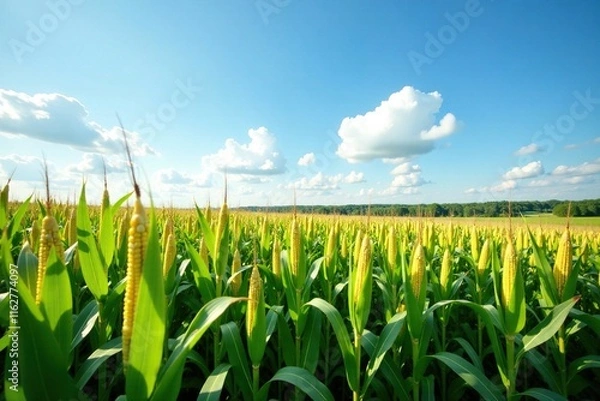 Fototapeta Field of cut corn with blue sky and white clouds, corn, autumn, summer