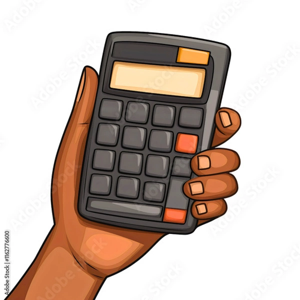 Fototapeta Hand holding calculator with finance icon, business accounting tool in cartoon style, digital mathematics device concept, financial equipment illustration isolated