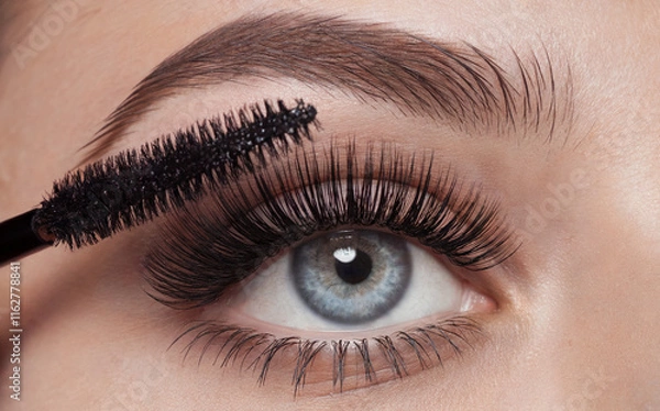 Fototapeta A close-up of a person's eye, emphasizing the eyelashes and eyelid. A mascara brush is applied to the eyelashes, making them appear longer and fuller. 