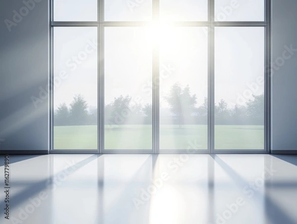 Fototapeta A bright and airy interior space featuring large windows that invite natural light into a modern environment.