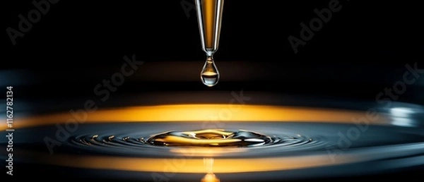 Obraz A close-up of a water droplet creating ripples in a reflective surface with a striking golden hue.