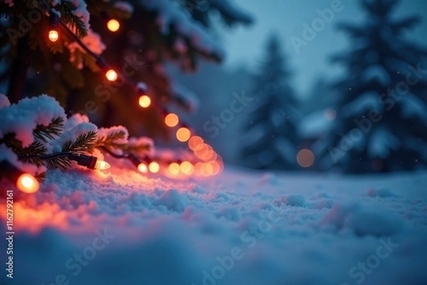 Fototapeta Glowing Christmas lights forming a festive border around a snowy field, sparkling accents, light