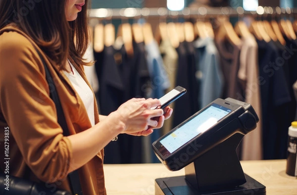 Obraz Close-up of a young woman using her phone through a POS terminal with contactless payment to pay in a store. Cash register counter in a clothing store. Transactions - contactless payment