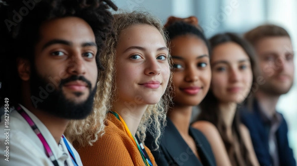 Fototapeta Diverse young activists engage in discussion at a global conference promoting social change and unity