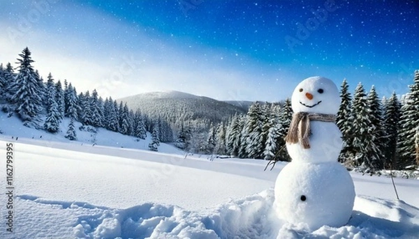 Fototapeta Snowman in a snowy background with sunlight