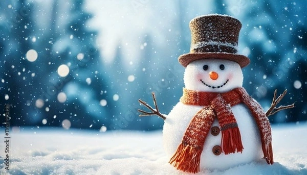 Fototapeta Snowman in a snowy background with sunlight