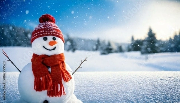 Fototapeta Snowman in a snowy background with sunlight