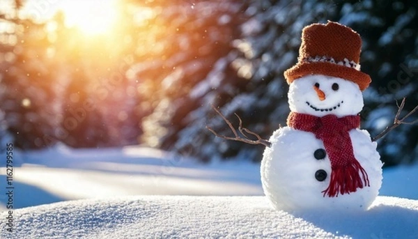 Fototapeta Snowman in a snowy background with sunlight