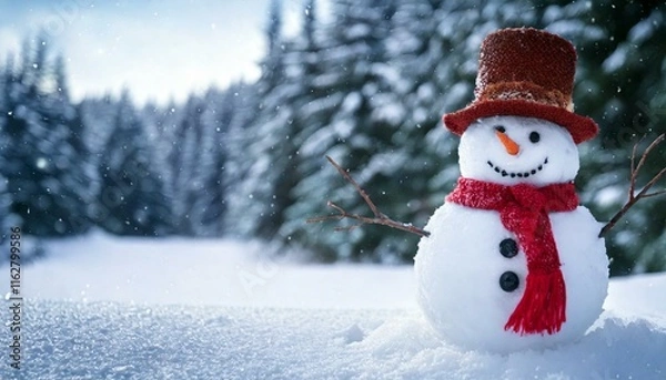 Fototapeta Snowman in a snowy background with sunlight