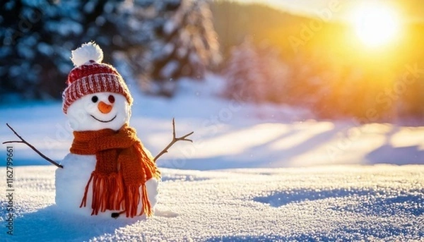 Fototapeta Snowman in a snowy background with sunlight