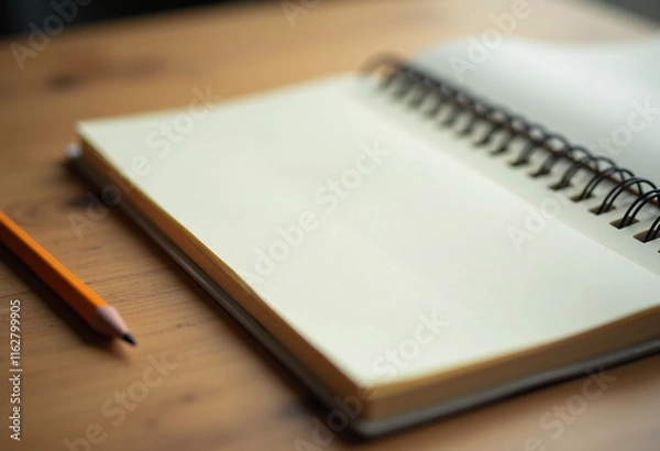 Fototapeta Blank spiral notebook lies open on a wooden table with a pencil nearby, ready for writing or drawing.