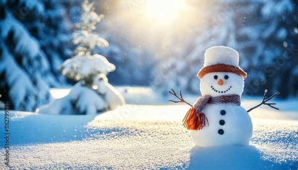 Fototapeta Snowman in a snowy background with sunlight
