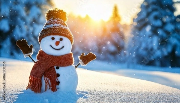 Fototapeta Snowman in a snowy background with sunlight