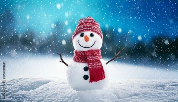Fototapeta Snowman in a snowy background with sunlight