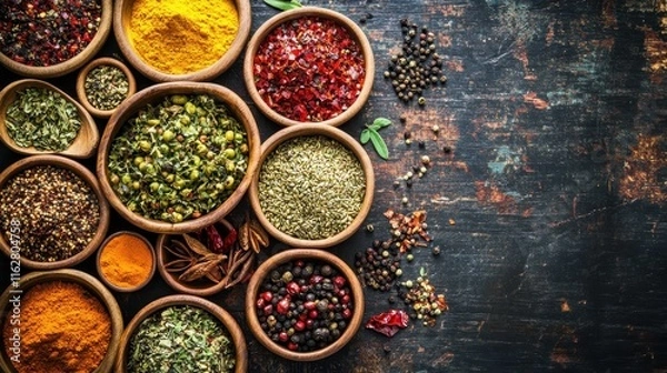 Obraz Aromatic Spices Arranged In Wooden Bowls On Dark Wood