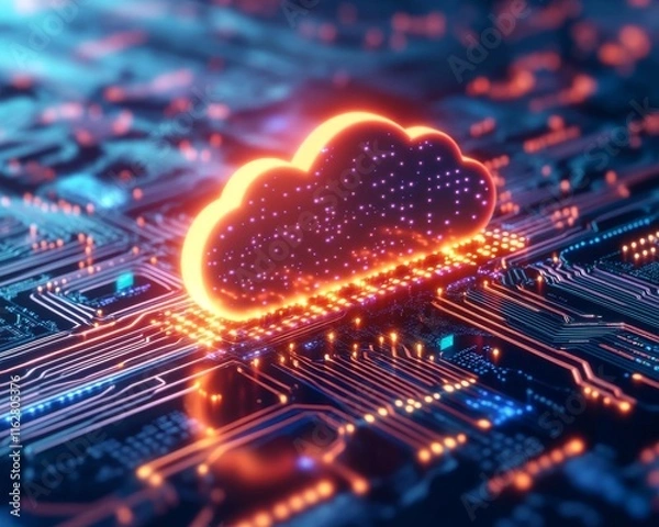 Obraz A vibrant digital cloud symbol glowing on a circuit board, representing advanced technology and cloud computing concepts.