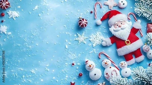 Obraz Playful Christmas and New Year banner with cartoon-style Santa Claus, snowmen and candy canes over a frosty blue background