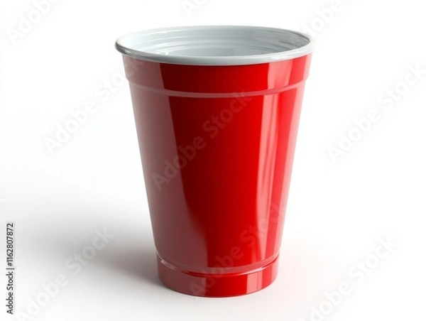 Obraz A vibrant red plastic cup, perfect for parties and outdoor events, showcasing a playful and casual drinking experience.