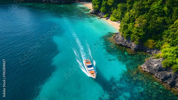 Fototapeta Aerial view of a speedboat cruising through clear turquoise waters along a lush tropical coastline with vibrant greenery and sandy beaches. A serene and adventurous scene.