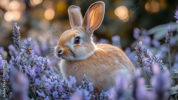Fototapeta Cute light brown bunny rabbit sitting in a lavender field at sunset.