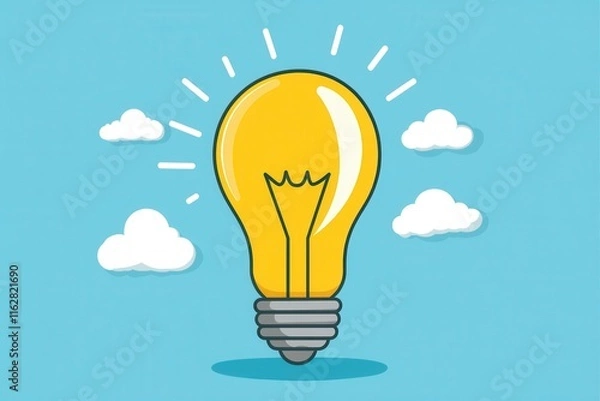 Obraz Dynamic Cartoon Style Illustration of a Bright Yellow Light Bulb Against a Cloudy Blue Background, Symbolizing Ideas and Innovation in a Playful Design
