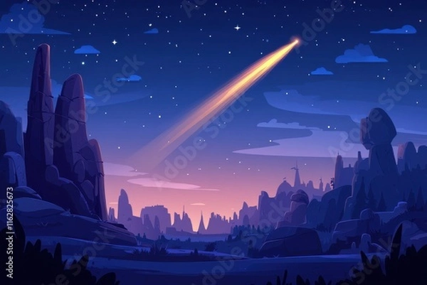 Obraz Cartoon Style Illustration of a Glowing Comet Streaking Across a Midnight Blue Sky with a Beautiful Landscape in the Foreground and Stars in the Background