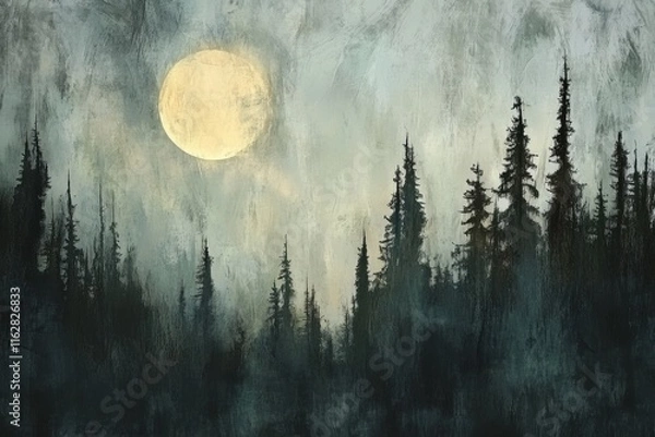 Fototapeta Enigmatic Forest Silhouette Under Moonlight with Soft Clouds in Impressionist Digital Art Style Capturing a Mystical Night Scene