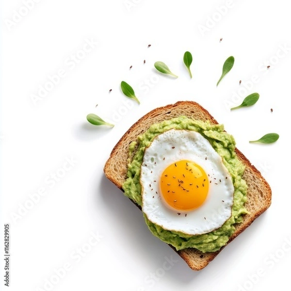 Fototapeta Delicious avocado toast topped with a sunny-side-up egg, garnished with fresh microgreens.