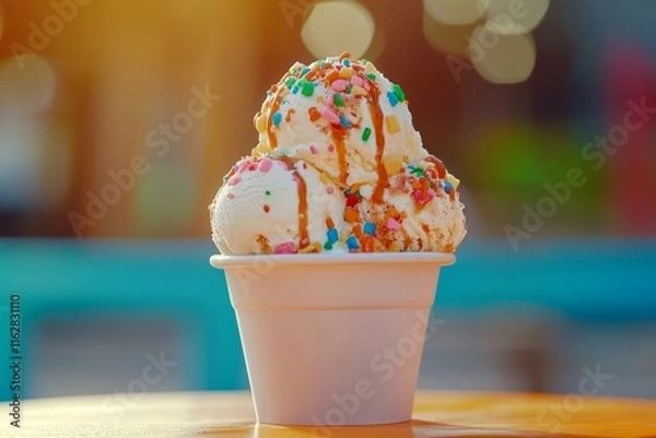 Obraz Delicious ice cream topped with colorful sprinkles and caramel sauce, perfect for summer cravings and sweet indulgence.