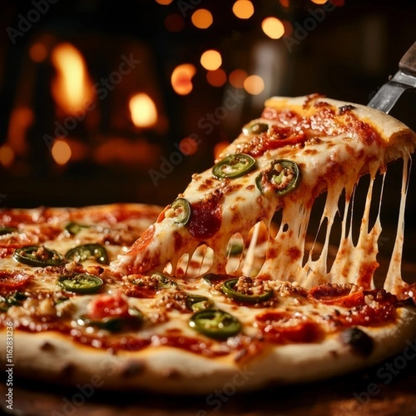 Obraz Delicious pizza with melted cheese and spicy jalapenos pulls away, served in a cozy setting with warm ambiance.