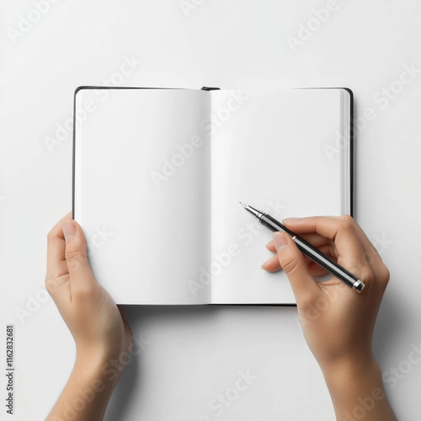 Fototapeta Mãos segurando um caderno aberto em branco com uma caneta preta