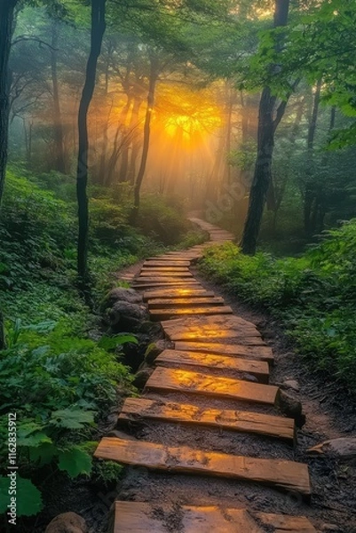 Fototapeta A mystical forest path illuminated by warm golden sunlight, creating a serene atmosphere and tranquility.