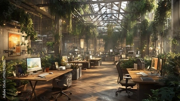 Fototapeta Sunlit indoor workspace with abundant plants and computers.