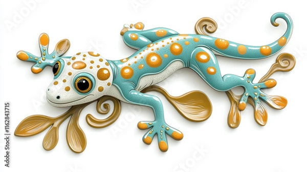 Fototapeta A colorful, decorative gecko with blue and orange patterns, showcasing playful design elements.