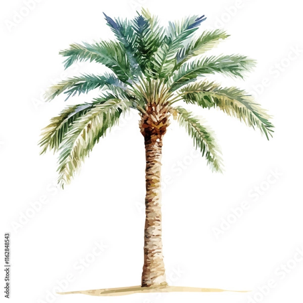 Fototapeta A watercolor of a date palm tree, with long, arching fronds, isolated on a white background. Date palm tree vector.

