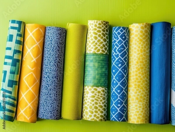 Fototapeta A vibrant display of rolled fabrics in various patterns and colors, arranged neatly against a bright green background.